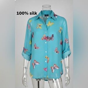 Vintage Kensington Lane 100% Silk Blouse Turquoise Blue Butterfly Print Size M